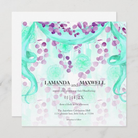 フローラティール(緑がかった色)リボンの結婚処理 招待状 (正面/裏面)