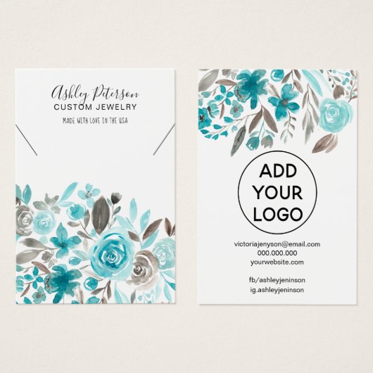 フローラティール（緑がかった色）水彩ジュエリーネックレス表示 (正面&裏面)