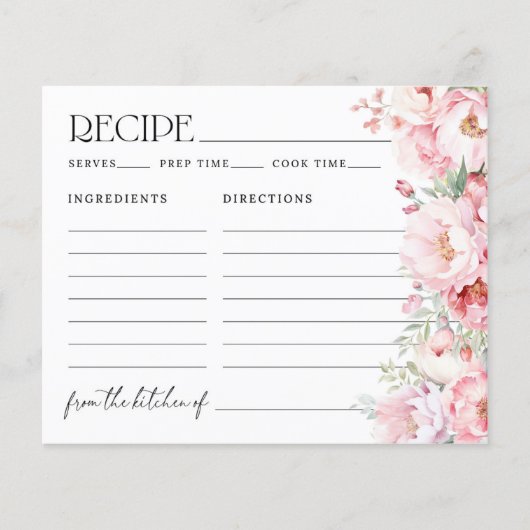フローラティー赤面ピンクブライダルシャワーレシピカード (正面)