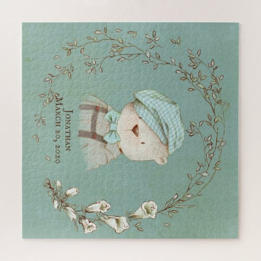 フローラテディベアハット名の誕生のお知らせ ジグソーパズル (横)