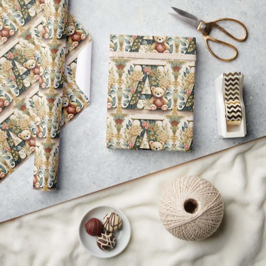 フローラテディベアーレターA ラッピングペーパー (クラフト)