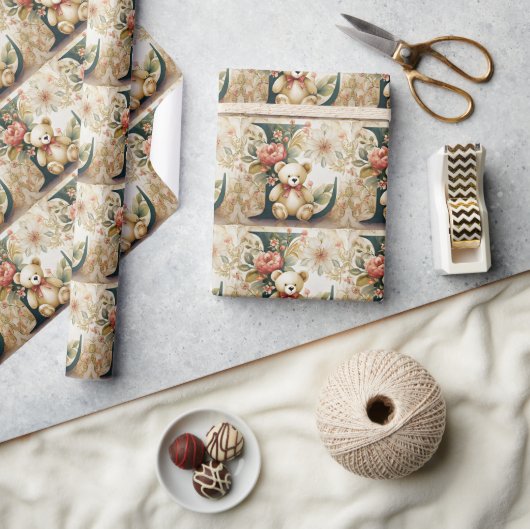 フローラテディベアーレターL ラッピングペーパー (クラフト)