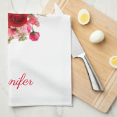 フローラテンプレートウォーターカラーアートピンクレッドローズ キッチンタオル (四つ折り)