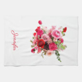 フローラテンプレートウォーターカラーアートピンクレッドローズ キッチンタオル (横)