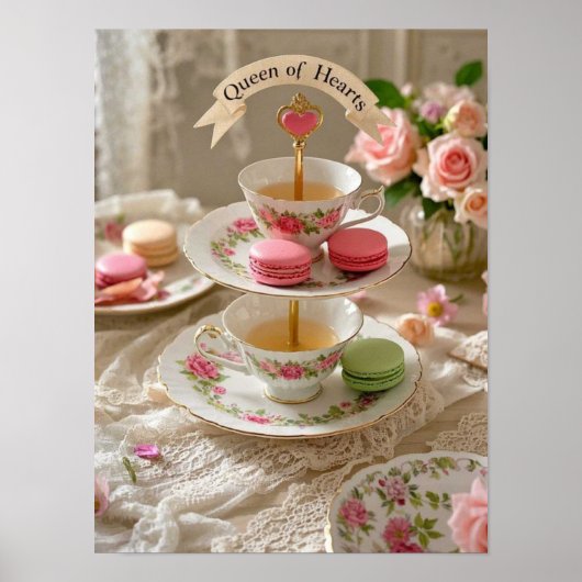 フローラテーブル，ティーカップ，ティアド・トレイのマカロン女王 ポスター (正面)