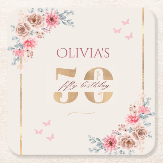 フローラテーマ50誕生日 スクエアペーパーコースター (正面)