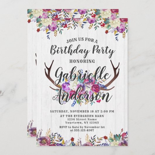 フローラディアアントラーシック誕生日パーティーの招待 招待状 (正面/裏面)