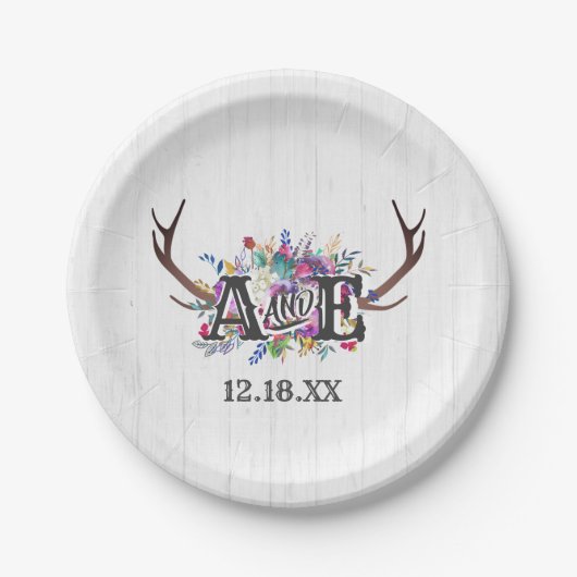 フローラディアアントラーブーケ素朴ス結婚モノグラム ペーパープレート (正面)