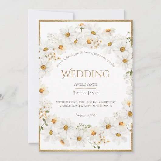 フローラデイジーリース金ゴールド結婚式招待状 招待状 (正面)
