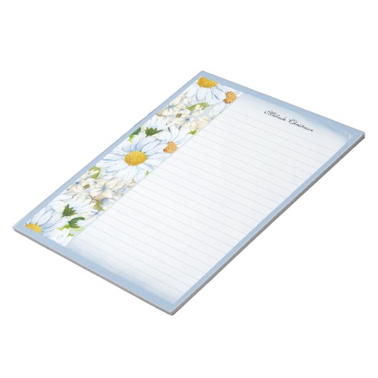 フローラデイジーヴィンテージほこりっぽいブルーパーソナライズされたライン ノートパッド (アングル)