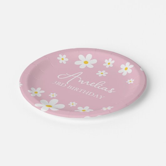 フローラデイジー誕生日ピンク紙プレート ペーパープレート (アングル)