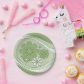 フローラデイドリームセージグリーンレトロ60s 70s花 ペーパープレート (パーティー)