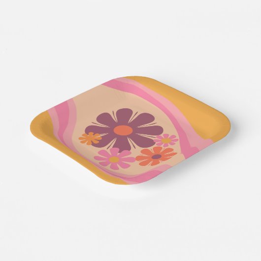 フローラデイドリームレトロフラワーパターンピンクオレンジ ペーパープレート (傾斜あり)