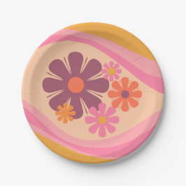 フローラデイドリームレトロフラワーパターンピンクオレンジ ペーパープレート