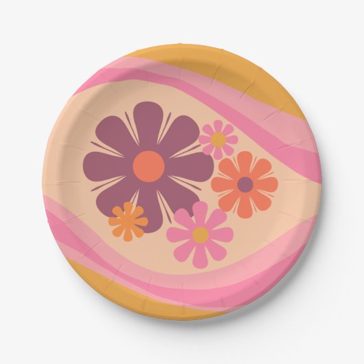 フローラデイドリームレトロフラワーパターンピンクオレンジ ペーパープレート (正面)