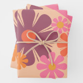 フローラデイドリームレトロフラワーパターンピンクオレンジ ラッピングペーパーシート (インサイチュ)