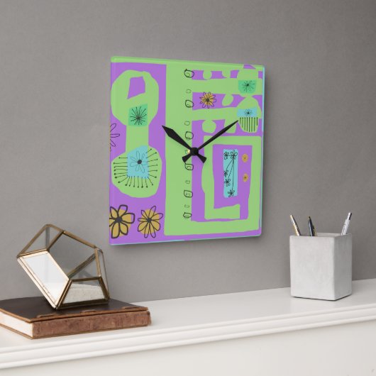 フローラデカールエスニックプリントグリーンパープルブラック スクエア壁時計 (オフィス)