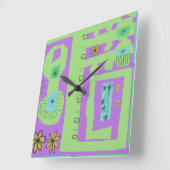 フローラデカールエスニックプリントグリーンパープルブラック スクエア壁時計 (傾斜)