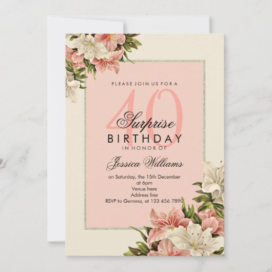 フローラデコレーションフェミニンサプライズ誕生日 招待状 (正面)