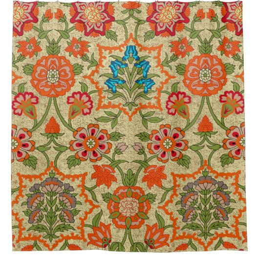 フローラデザインの繰り返し。オレンジと緑 シャワーカーテン (正面)