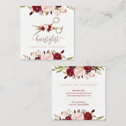 フローラデザインエレガントヘアスタイリストスクリプト スクエア名刺 (正面/裏面)