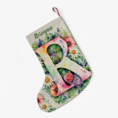 フローラデザインカスタムモノグラム水彩花 スモールクリスマスストッキング (裏面 (吊り時))