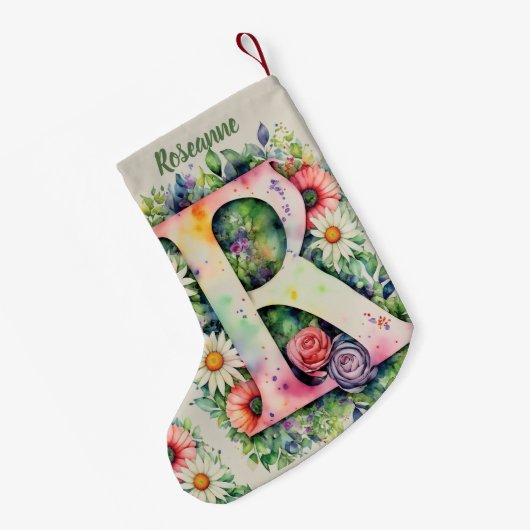 フローラデザインカスタムモノグラム水彩花 スモールクリスマスストッキング (裏面 (吊り時))