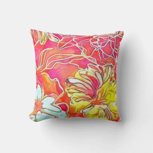 フローラデザインピンク、桃と黄色の美しい クッション (正面)
