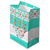 フローラデザイン付ティール（緑がかった色） ミディアムペーパーバッグ (正面アングル)