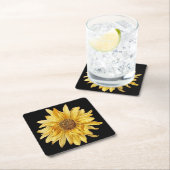 フローラデザイン、ひまわり、黒い背景 スクエアペーパーコースター (インサイチュ)