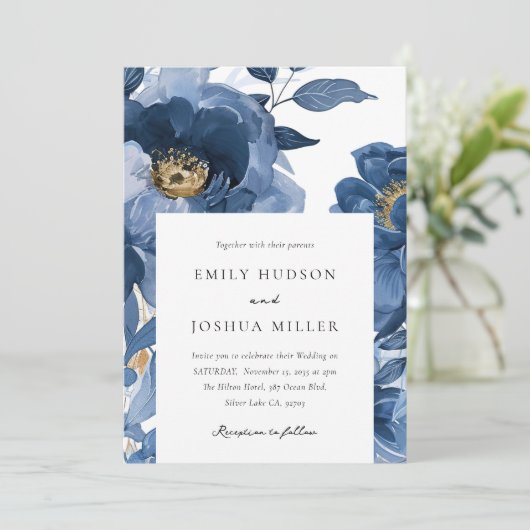 フローラデュスキーブルー金ゴールドエレガントな結婚式 招待状 (スタンド正面)