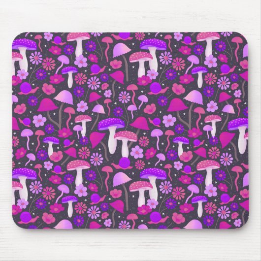 フローラトリップ(幻覚体験)のようなマッシュルームピンク、紫、黒 マウスパッド (正面)