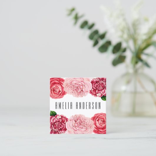 フローラトレンディーピンクのバラ花の名刺 スクエア名刺 (スタンド正面)