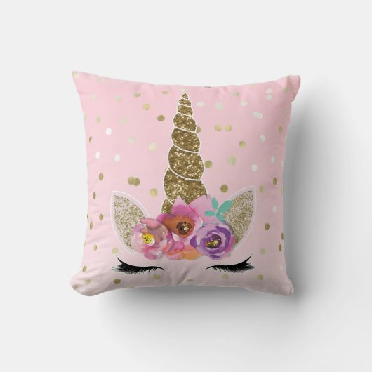 フローラトレンディーモダンユニコーンホーン金ゴールド紙吹雪 クッション (正面)