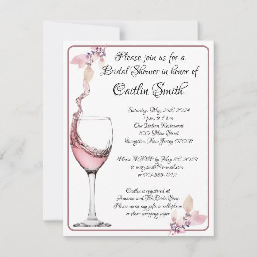 フローラトーストエレガントホワイトおよびバラブライダルシャワー 招待状 (正面)