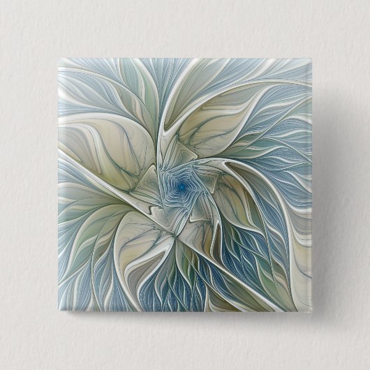フローラドリームパターン抽象芸術ブルーカーキフラクタル 缶バッジ (正面)