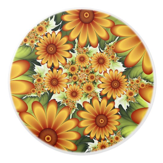 フローラドリームモダン、抽象芸術フラワーフラクタルアート セラミックノブ (正面)