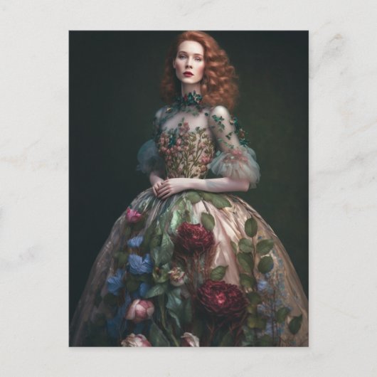 フローラドレスの華やかな女性AIがアートを生み出す ポストカード (正面)
