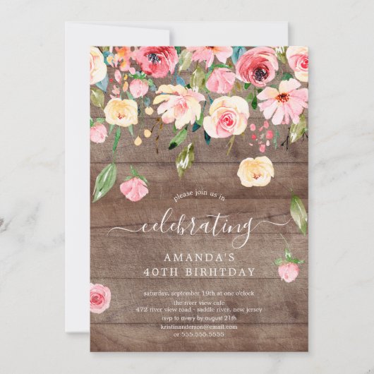 フローラドロッ素朴プピンクのお祝いの誕生日パーティー 招待状 (正面)