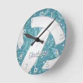 フローラドードルパターンティール（緑がかった色）ボホスポーツバレーボール ラウンド壁時計 (傾斜)