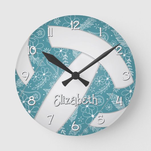 フローラドードルパターンティール（緑がかった色）ボホスポーツバレーボール ラウンド壁時計 (正面)