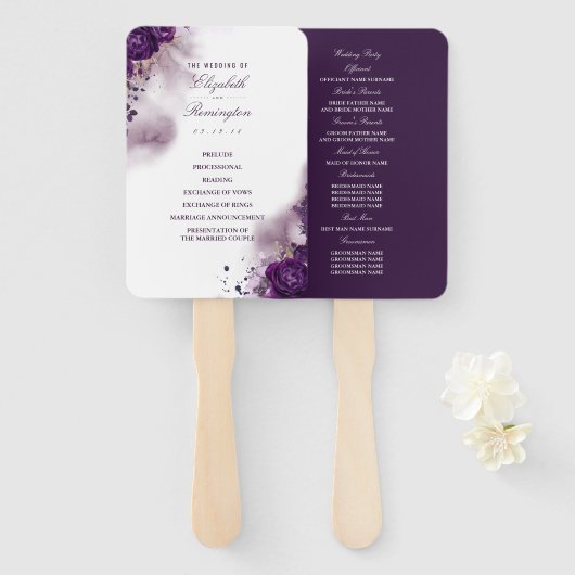 フローラナス紫色の水彩結婚式 プログラム ハンドファン (正面&裏面)