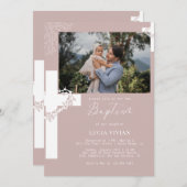 フローラニュートラルクロスミニマリストバプテスマ写真 招待状 (正面/裏面)