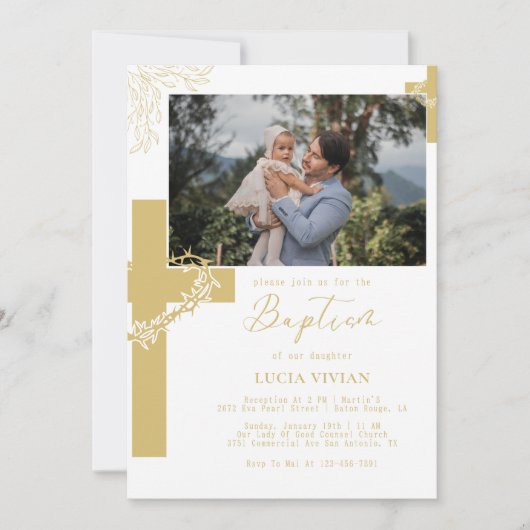 フローラニュートラルクロスミニマリストバプテスマ写真 招待状 (正面)