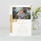 フローラニュートラルクロスミニマリストバプテスマ写真 招待状 (スタンド正面)