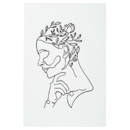 フローラニュートラルミニマリスト女性顔ラインアート メタルプリント