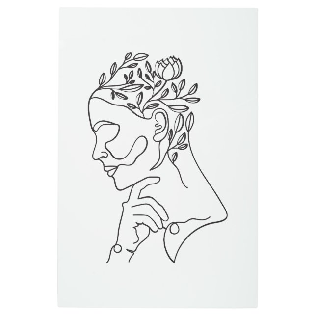 フローラニュートラルミニマリスト女性顔ラインアート メタルプリント (正面)