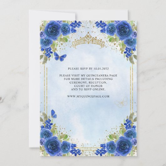 フローラネイビエレガントーブルー金ゴールドティアラキンセアニラ 招待状 (裏面)