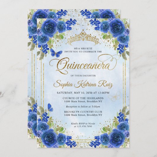 フローラネイビエレガントーブルー金ゴールドティアラキンセアニラ 招待状 (正面/裏面)