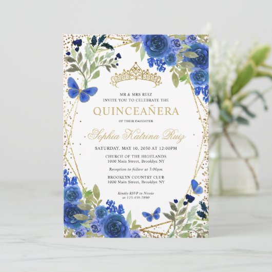 フローラネイビモダンーブルー金ゴールドティアラキンセアニラ 招待状 (スタンド正面)